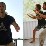 A split image shows two qigong and taichi instructors