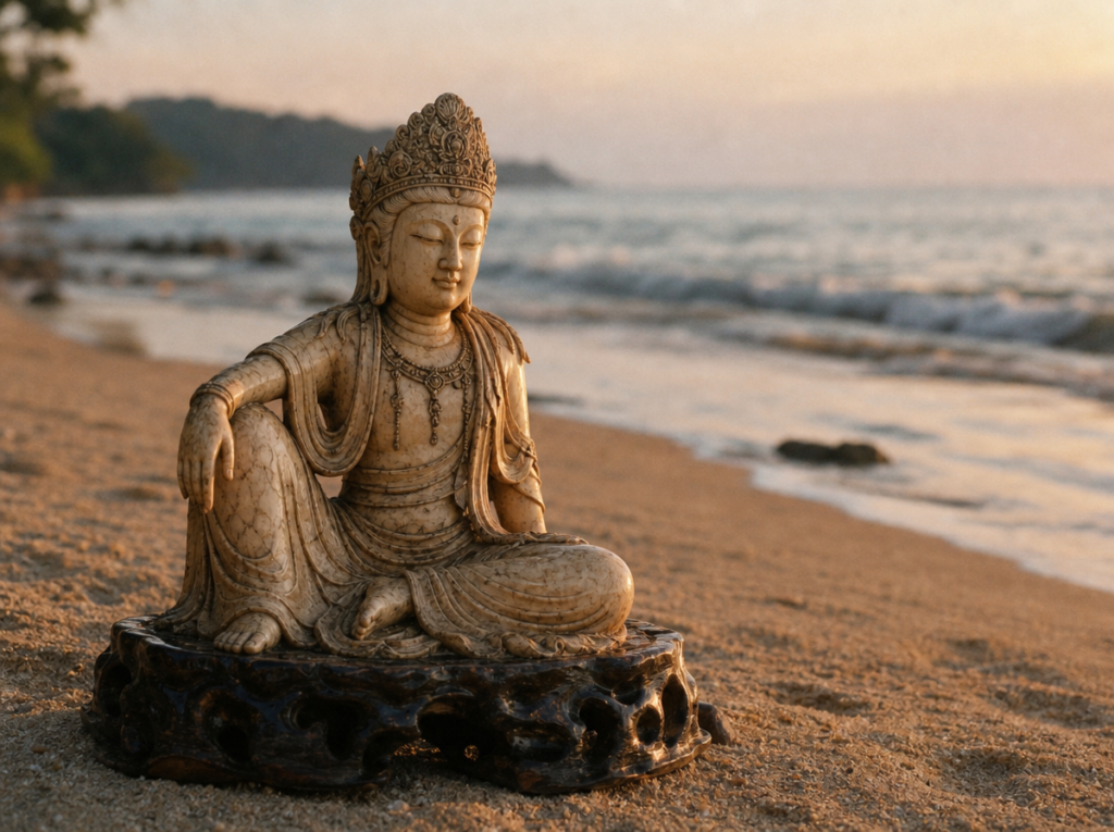 What is a Bodhisattva? Guanyin Bodhisattva statue on a tropical beach at sunset, symbol of compassion in Mahayana Buddhism and meditation practice